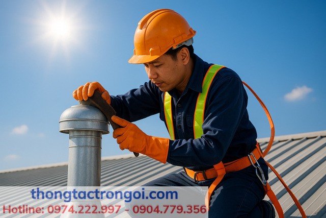 Nhân viên đang vệ sinh ống thông mái để phòng tránh bồn cầu bị nghẹt hơi.