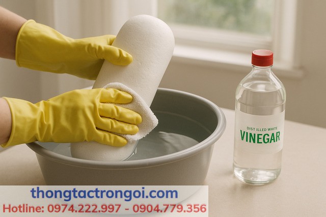 Người thợ vệ sinh phao bồn cầu bằng giấm trắng để loại bỏ cặn canxi tại nhà