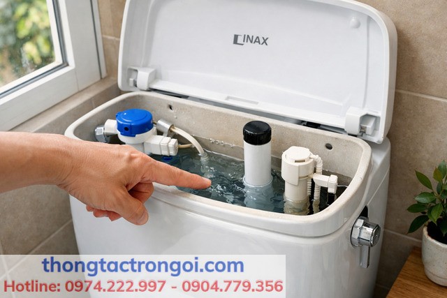 Mở nắp két để nhìn mực nước và ống tràn trước khi sửa.