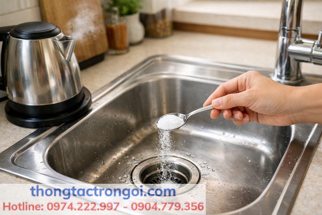 Muối + nước nóng: cách đơn giản cho bồn rửa thoát chậm do dầu mỡ.