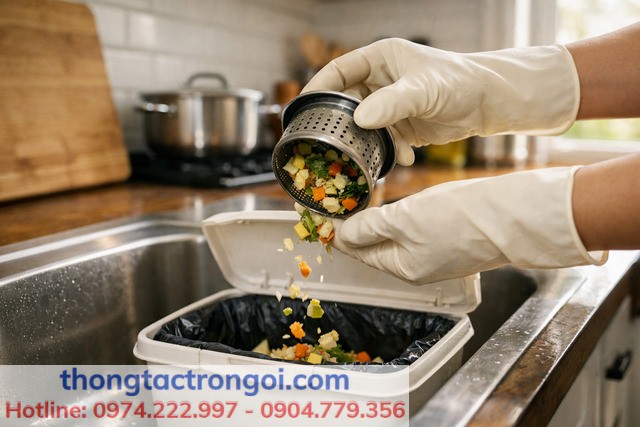 Gỡ rác ở lưới lọc trước để muối đi đúng vào ống thoát.