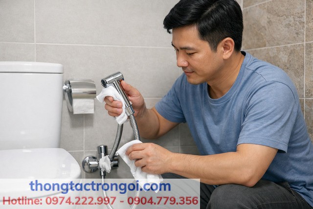 Lau khô rồi quan sát 1–2 phút để khoanh vùng chỗ rỉ.