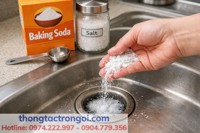 Muối + baking soda phù hợp khi bồn rửa hôi và bám bẩn nhẹ.