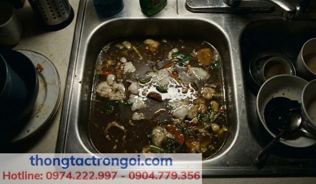 Bồn rửa bát đôi bị tắc nghẽn nước dâng cao đen ngòm do mỡ thừa đóng bánh tại một căn hộ chung cư.