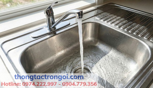 Dòng nước chảy xiết xuống cống bồn rửa bát thông thoáng sau khi được xử lý sạch sẽ.