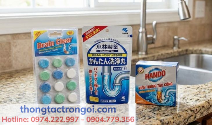 Các loại viên nén và viên sủi thông tắc bồn rửa bát phổ biến (Hando, Nhật Bản) đặt cạnh chậu rửa inox.