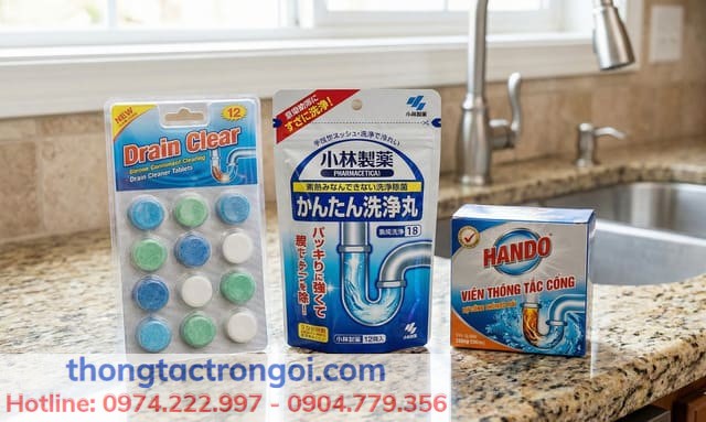 Các loại viên nén và viên sủi thông tắc bồn rửa bát phổ biến (Hando, Nhật Bản) đặt cạnh chậu rửa inox.