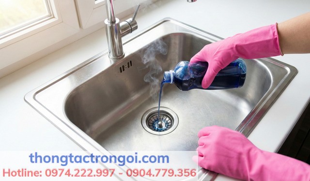 Người dùng đeo găng tay cao su đang đổ cẩn thận dung dịch thông cống vào lỗ thoát xi phông chậu rửa.