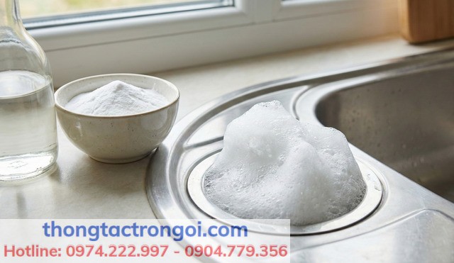 Phản ứng sủi bọt trắng xóa khi đổ hỗn hợp baking soda và giấm ăn vào lỗ thoát nước bồn rửa bát để vệ sinh.