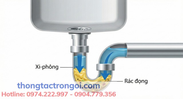 Sơ đồ cấu tạo xi phông bồn rửa bát hình chữ U (P-trap) hiển thị vị trí rác thường bị mắc kẹt.