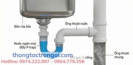 Sơ đồ cấu tạo hệ thống xi phông bẫy nước hình chữ U (P-trap) giúp ngăn khí gas trào ngược lên chậu rửa bát.