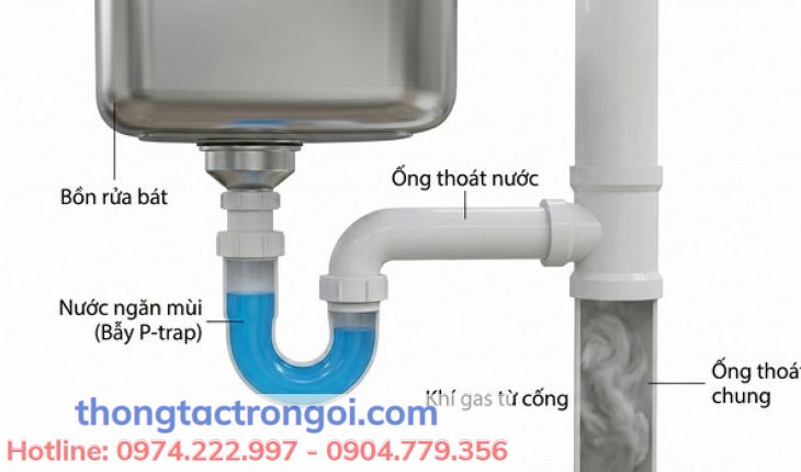 Sơ đồ cấu tạo hệ thống xi phông bẫy nước hình chữ U (P-trap) giúp ngăn khí gas trào ngược lên chậu rửa bát.