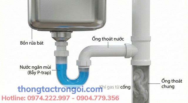 Sơ đồ cấu tạo hệ thống xi phông bẫy nước hình chữ U (P-trap) giúp ngăn khí gas trào ngược lên chậu rửa bát.