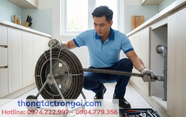 Thợ kỹ thuật thongtactrongoi.com sử dụng máy lò xo công nghiệp xử lý tắc nghẽn bồn rửa bát sạch triệt để.