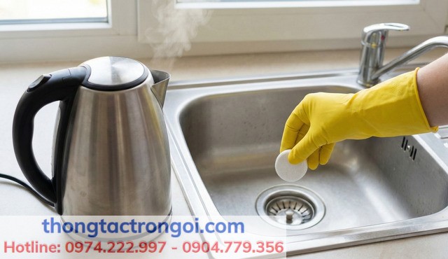 Người dùng đeo găng tay cao su đang thả viên thông tắc vào đường ống xi phông bồn rửa bát an toàn.