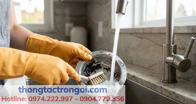 Người nội trợ đang dùng bàn chải cọ rửa sạch sẽ lớp cặn đen bám trên cốc lọc rác inox của bồn rửa chén.