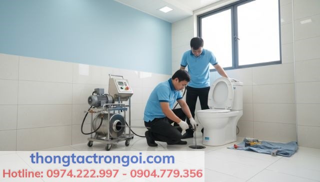 Thợ kỹ thuật sử dụng máy thông tắc lò xo xử lý uế khí an toàn