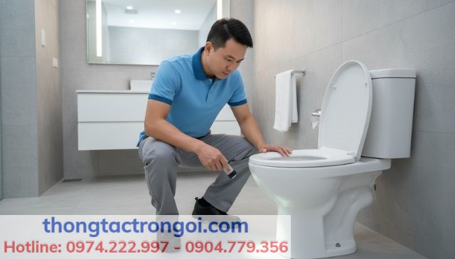 Thợ kỹ thuật kiểm tra tình trạng bồn cầu ngập nước thực tế