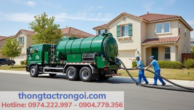 Thợ kỹ thuật điều động xe hút bồn chân không thi công triệt để