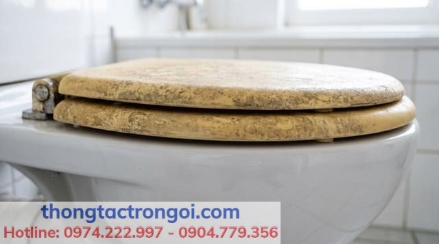 Bề mặt nắp nhựa bồn cầu PP bị lão hóa vật liệu chuyển sang màu vàng đục.