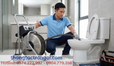 Thợ kỹ thuật đang dùng máy lò xo xử lý dứt điểm điểm tắc ngầm gây nước trào ngược.