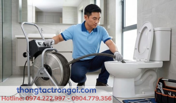 Thợ kỹ thuật đang dùng máy lò xo xử lý dứt điểm điểm tắc ngầm gây nước trào ngược.