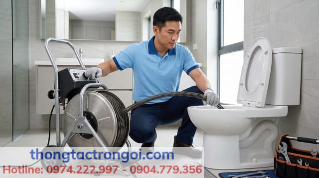 Thợ kỹ thuật đang dùng máy lò xo xử lý dứt điểm điểm tắc ngầm gây nước trào ngược.