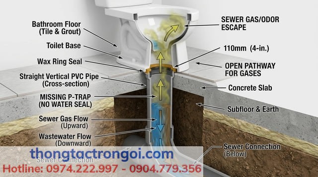 Lỗi không lắp con thỏ chống hôi tạo điều kiện cho khí độc xú uế trào ngược vào nhà vệ sinh.