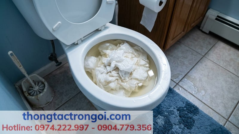 Bồn cầu nghẹt ứ do rác thải hữu cơ và giấy vệ sinh cần dùng hóa chất xử lý kịp thời.