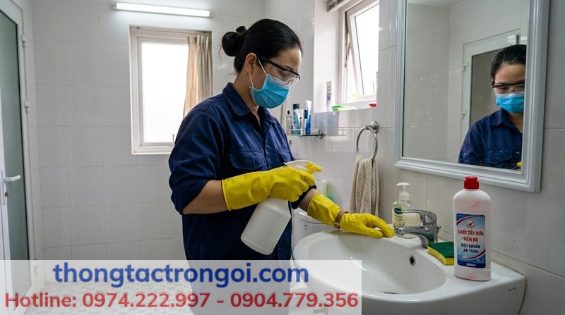 Người dùng đeo găng tay cao su dài và khẩu trang y tế để trước khi dùng dung dịch kiềm mạnh.