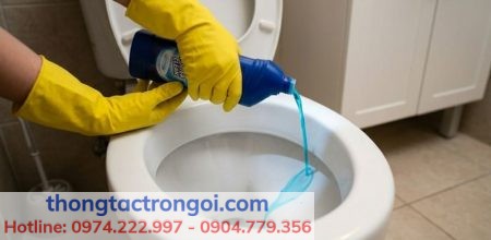 Hướng dẫn kỹ thuật rót trực tiếp 500ml dung dịch thông cống sát vành bệ xí để phân rã chất thải.