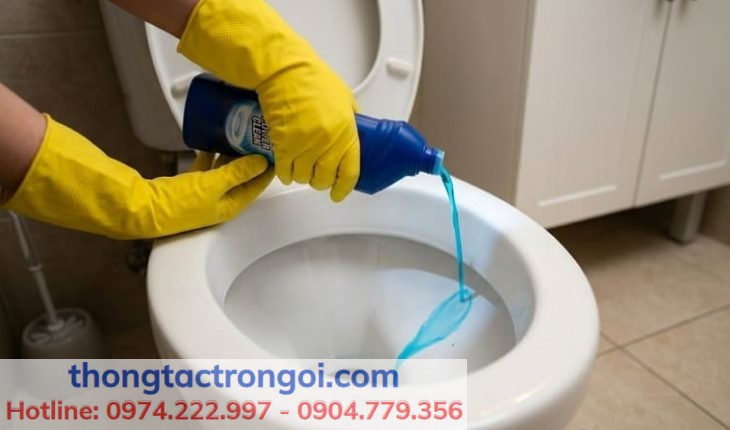 Hướng dẫn kỹ thuật rót trực tiếp 500ml dung dịch thông cống sát vành bệ xí để phân rã chất thải.