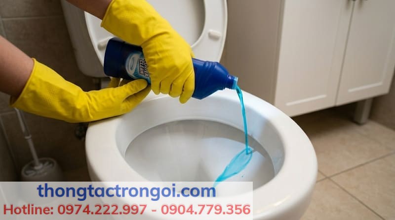 Hướng dẫn kỹ thuật rót trực tiếp 500ml dung dịch thông cống sát vành bệ xí để phân rã chất thải.