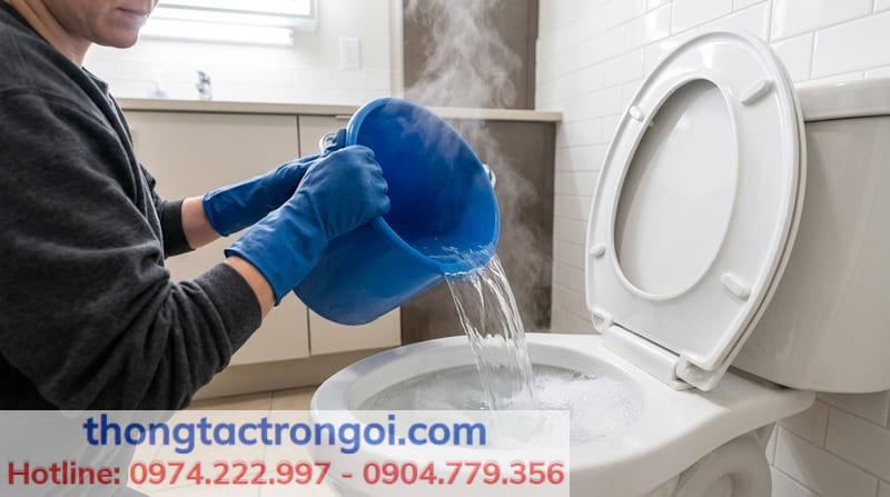 Dội mạnh một xô nước ấm 50 độ vào bồn cầu sau thời gian ngâm.Dội mạnh một xô nước ấm 50 độ vào bồn cầu sau thời gian ngâm.